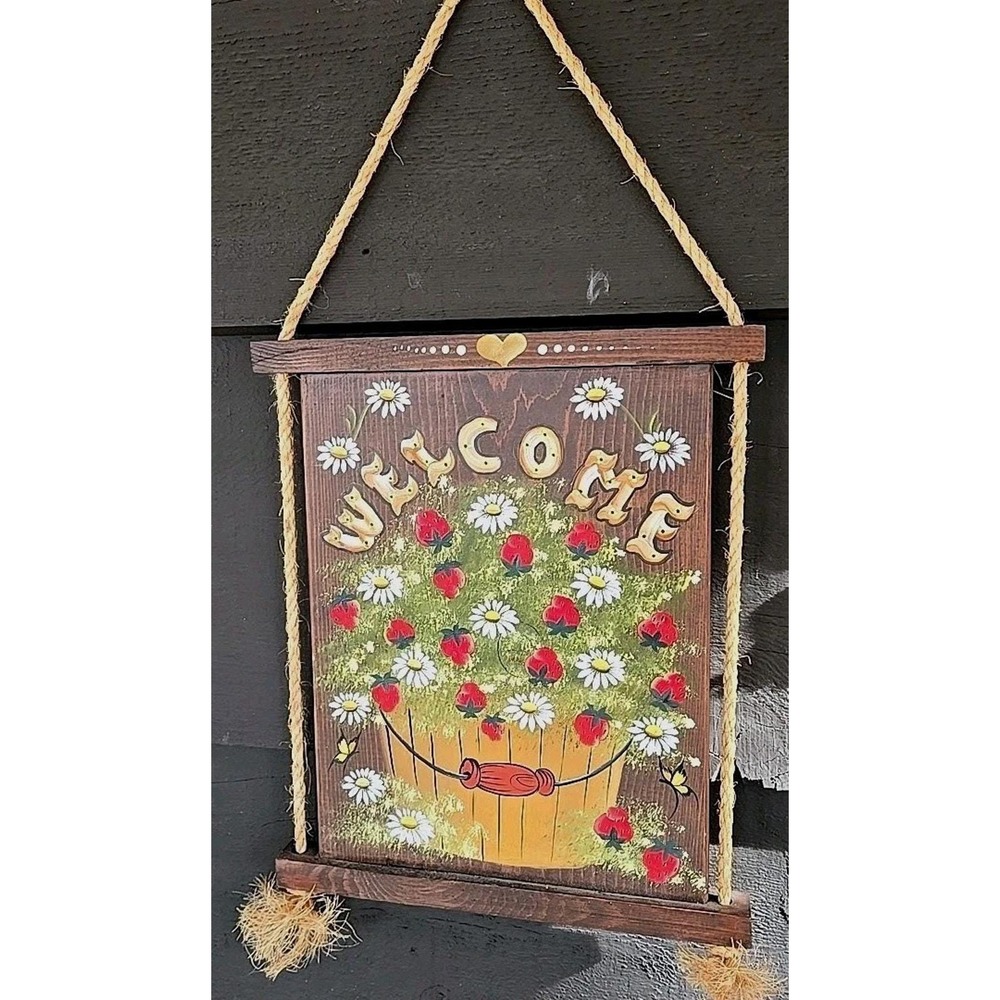 Hand Painted Wood Welcome Sign Strawberries Daisies Rustic Farmhouse Wall Decor